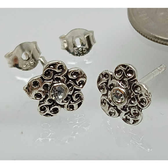 Estate Jewelry - Vintage Estate Jewelry NOS .925 Sterling Silver Clear AB Crystal Flower Earrings